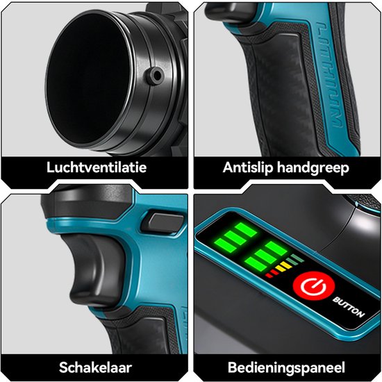Vierkader toont details: luchtventilatie, antislip handgreep, schakelaar en bedieningspaneel van de blauwe/zwarte bladblazer.