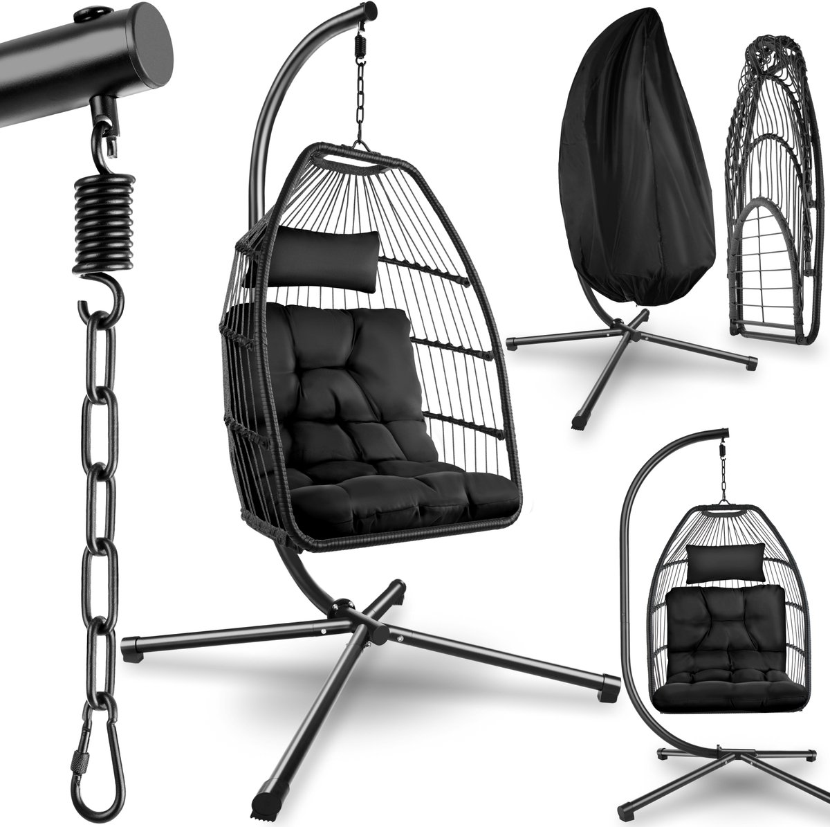 Bol.com tectake® Luxe Hangstoel - Opvouwbare en draaibare Egg Chair met Standaard - Dikke Kussens - Antislipvoeten - Inclusief B... aanbieding