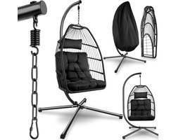 tectake® Luxe Hangstoel - Opvouwbare en draaibare Egg Chair met Standaard - Dikke Kussens - Antislipvoeten - Inclusief Beschermhoes - Ideaal voor Tuin, Terras en Slaapkamer - Zwart