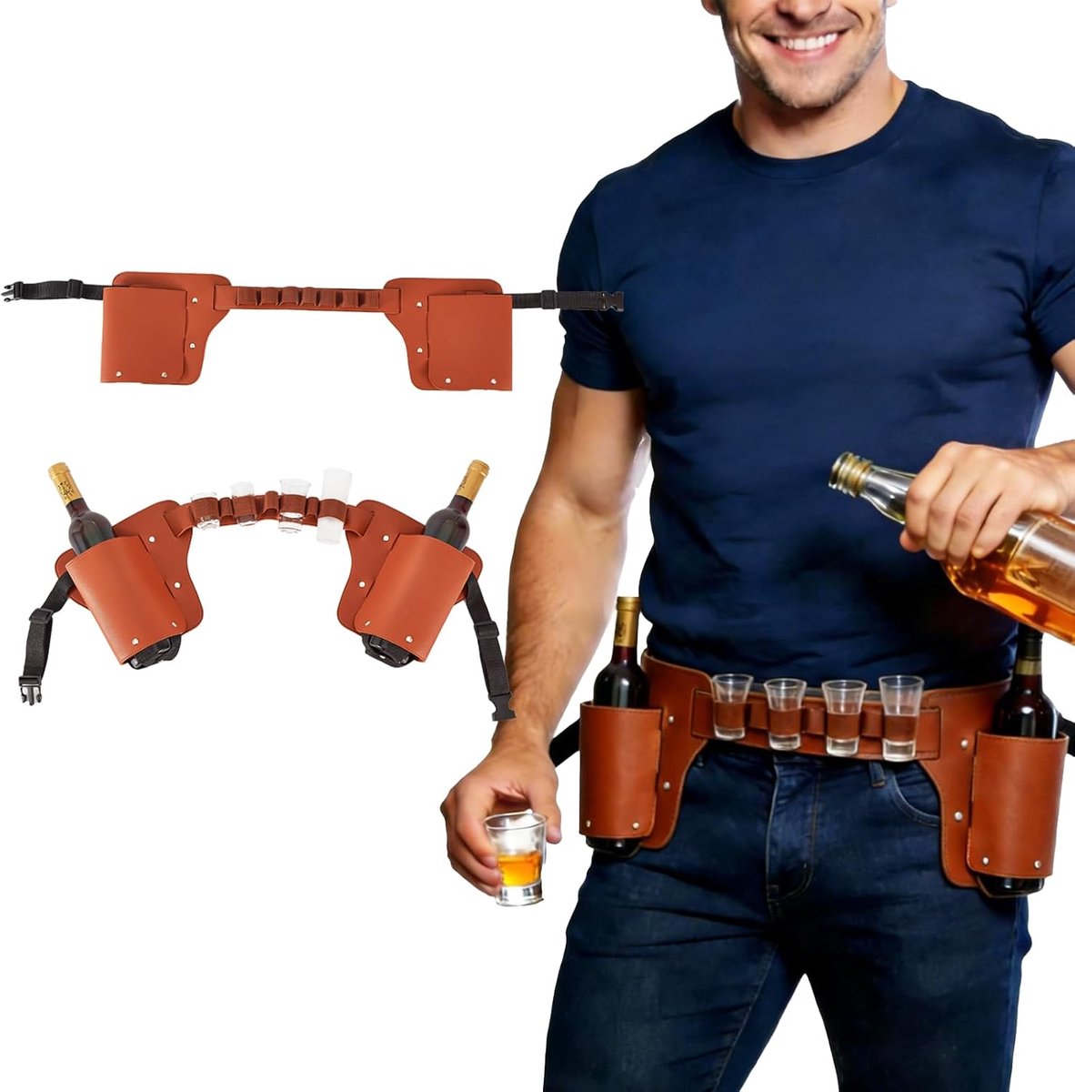 Bierhouderriem van PU-leer - Met vak voor borrelglazen - Cadeau Artikel - Geschikt voor Mannen, Bierliefhebbers en Cowboys