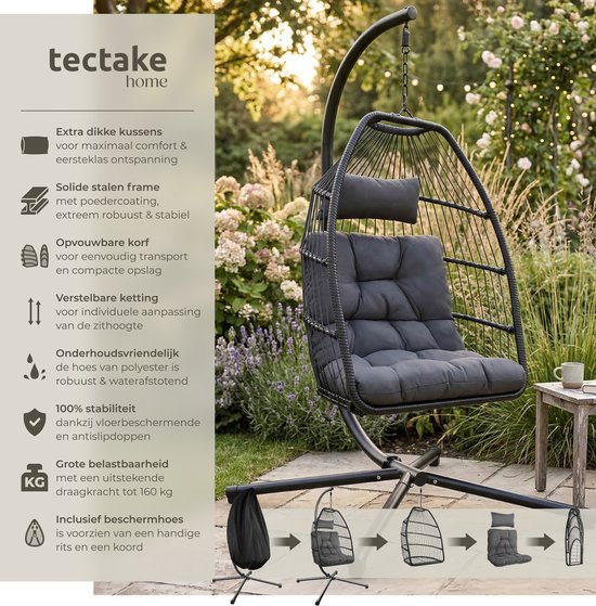 tectake® Luxe Hangstoel - Opvouwbare en draaibare Egg Chair met Standaard - Dikke Kussens - Antislipvoeten - Inclusief Beschermhoes - Ideaal voor Tuin, Terras en Slaapkamer - Donkergrijs