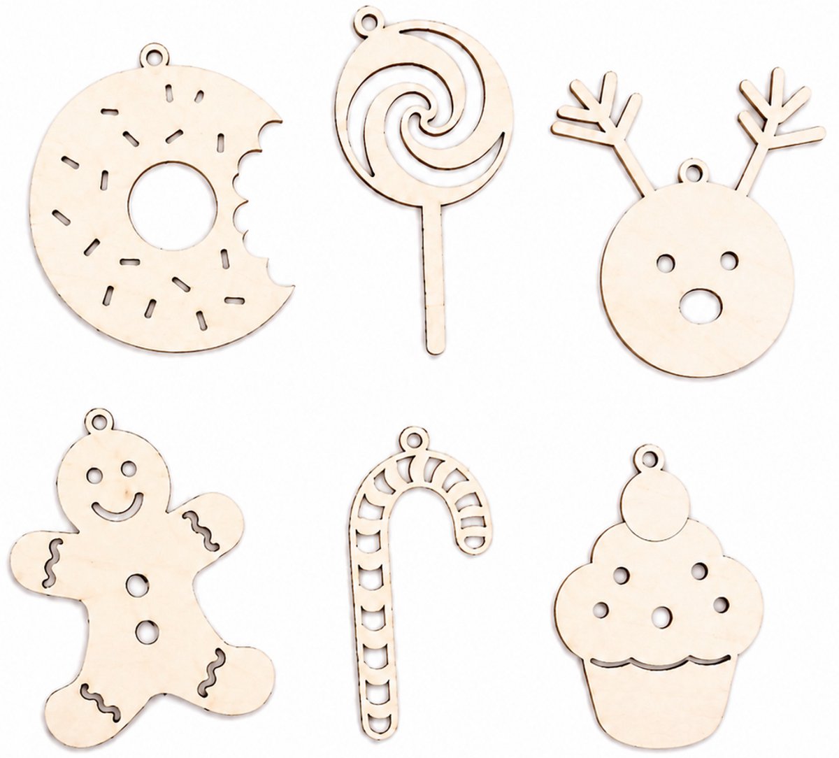 Houten kerstversiering - Wooden Christmas decoration | Snoepjes ø 9cm Sweets (6 st) | Licht hout - Natural wood | Kerstboomhanger - Christmas tree hangers - Lolly, Peperkoeken Man, Cupcake, Rendier, Donut, Candy Cane - Kerstboomdecoratie