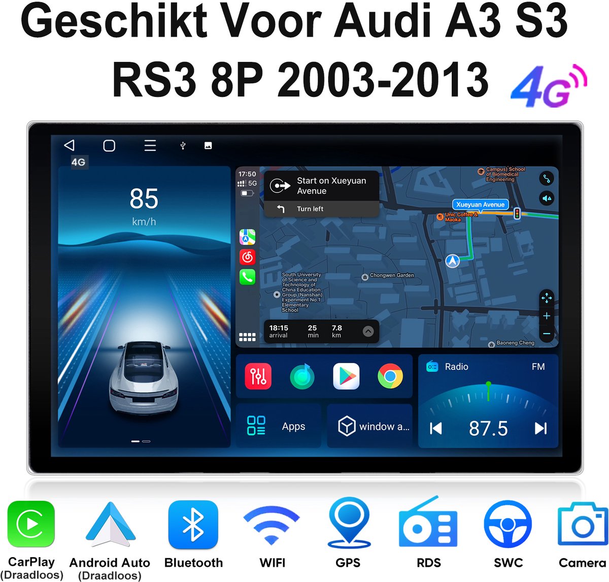Junsun Android 15 Autoradio Geschikt Voor Audi A3 S3 RS3 8P 2003-2013, 6GB+128GB, Draadloze CarPlay & Andriod Auto, DAB+, GPS-navigatiesysteem, Bluetooth, Stuurwielbediening, WiFi, RDS, FM, USB, 13,1-inch 2K Touchscreen, DSP, 4G, Octa-core processor
