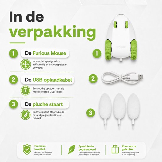 Inhoud van de verpakking: 'De Furious Mouse', USB oplaadkabel, 3 pluche staarten.