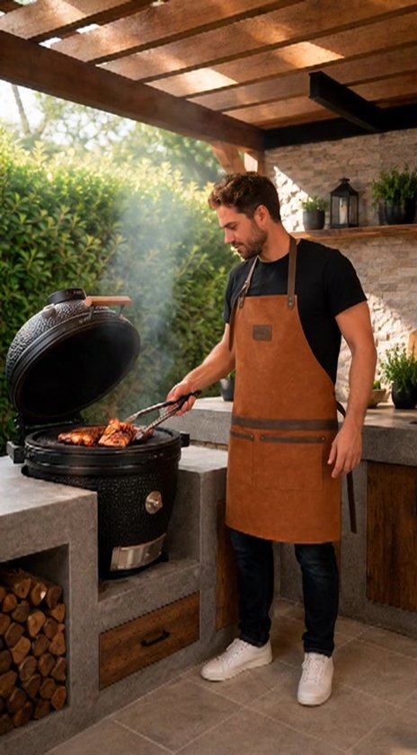 VOLT - BBQ Schort Bruin - Cadeau - Kunstleer - Voor Heren en Dames - Verstelbaar - Met Opbergvakken