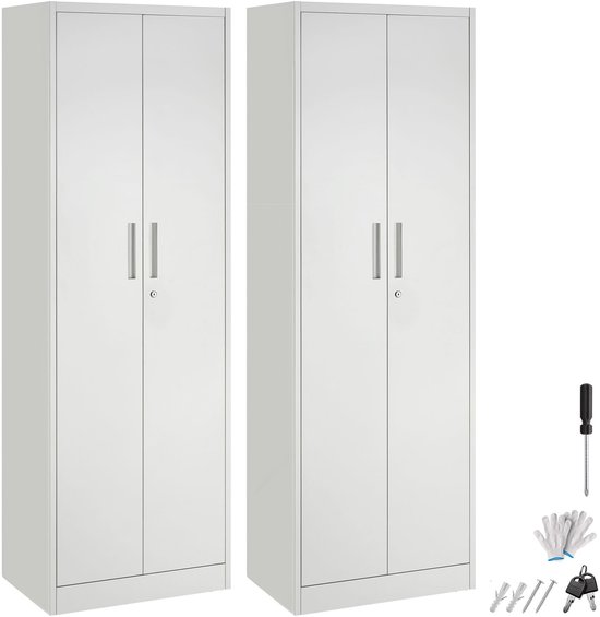 Set van twee grijze archiefkasten met handgrepen en sloten, inclusief gereedschap en sleutels.