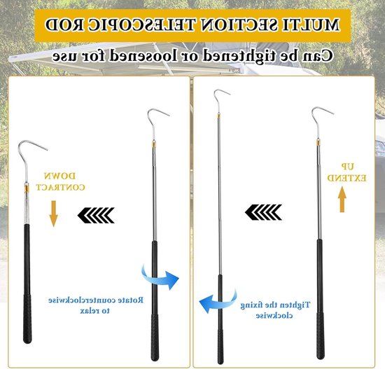 Telescoopstang met haak, verstelbaar van 41-150 cm, ideaal voor luifelopeners en campers, multifunctionele accessoires voor outdoor gebruik — afbeelding 4