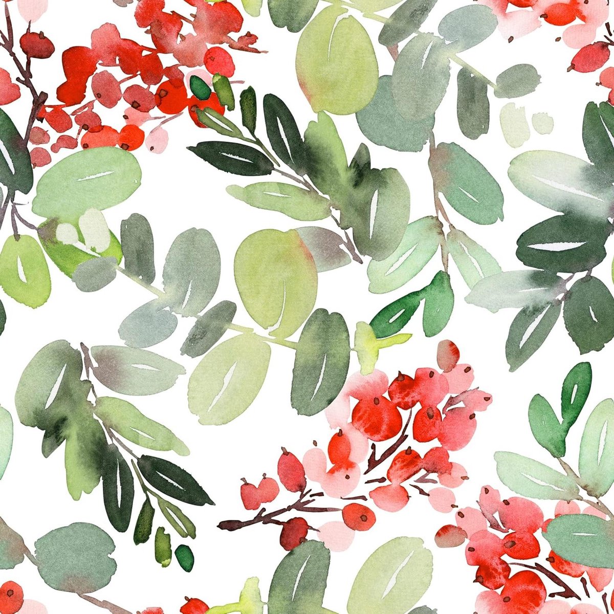 Cadeaupapier Kerstmis - Inpakpapier Kerst - Geschenken Inpakken - Aquarel Bessen Takken Design - 70cm x 200m - Groenrood