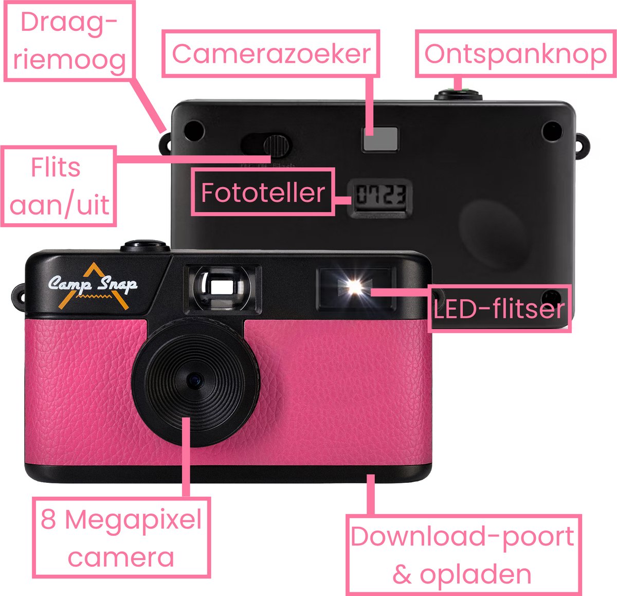 Campsnap Digitale Camera - Schermvrije Retro Fotocamera - 8 Megapixel - 2000 foto's - Minimalistisch Vintage Design - Met Flits - Oplaadbaar - 4GB - Roze thumbnail 5
