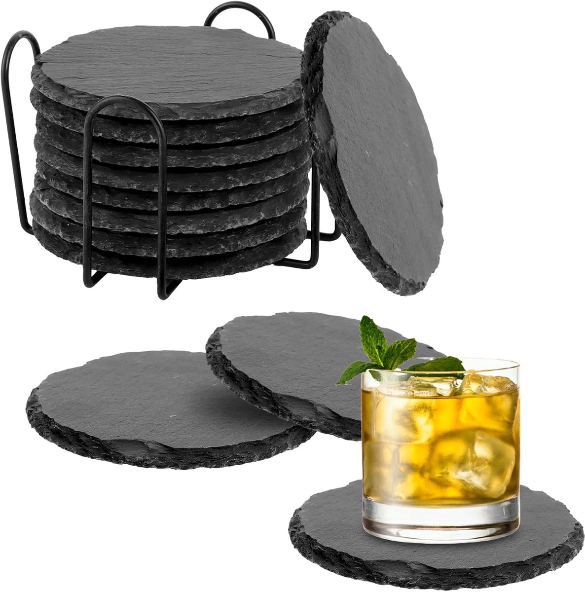 12 Stuks Schiefer Onderzetters Rond 10 cm met Metalen Houder – Natuursteen Glas Onderzetters Set Antislip en Krasbestendig – Hittebestendige Tafeldecoratie voor Woonkamer Keuken Bar en Kantoor