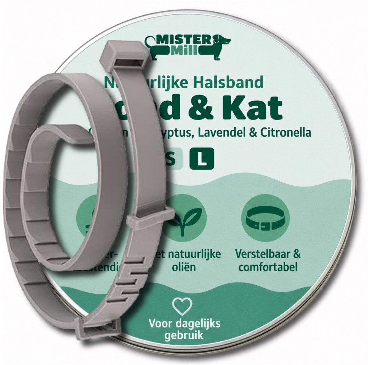 Mister Mill Natuurlijke Halsband Hond & Kat | Met Citroen Eucalyptus, Lavendel & Citronella | Verstelbaar | Waterbestendig | Maat L Tot nekomtrek 52 cm. Alle Rassen