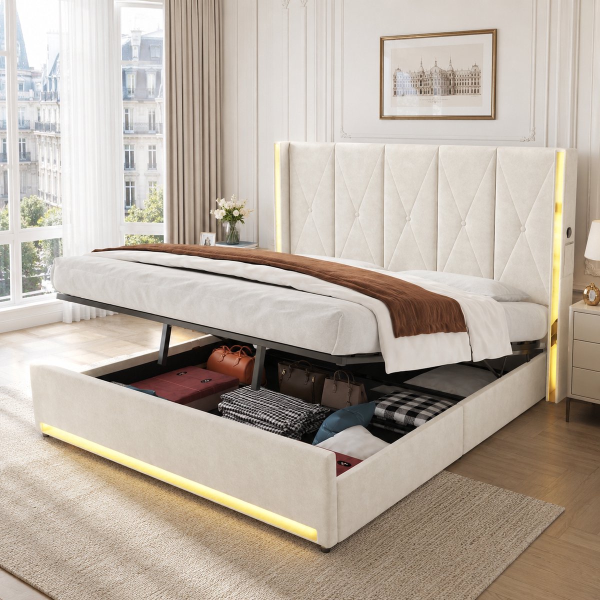 MIVRAY Gestoffeerd Bed 180x200 cm - Zonder Matras Met USB en Ledverlichting - Opbergruimte en Zijvakken - Fluweel - Beige