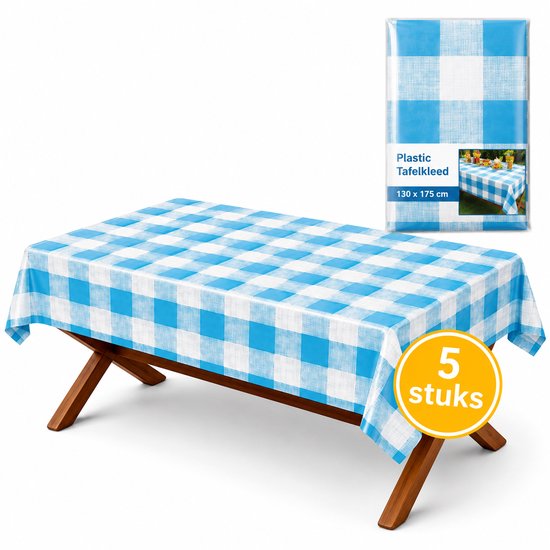 Blauw-wit geblokt plastic tafelkleed, 130x175cm. Wordt geleverd in verpakking met 5 stuks.