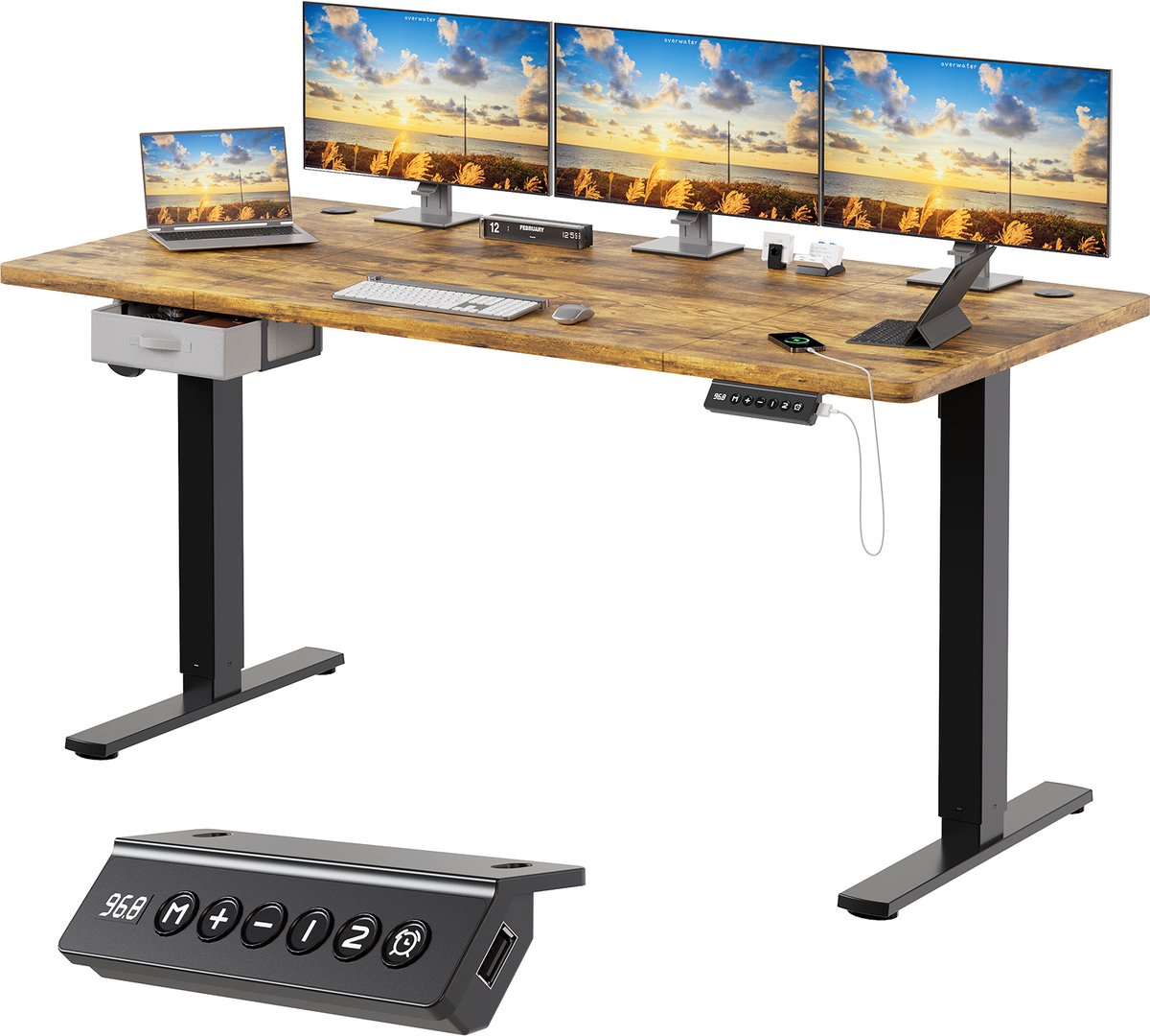 Devoko Zit-Sta Bureau 180x80 cm - Elektrisch Verstelbaar Bureau - Met Stoffen Lade - Zit-Alarm - Digitaal Display - USB - Bruin