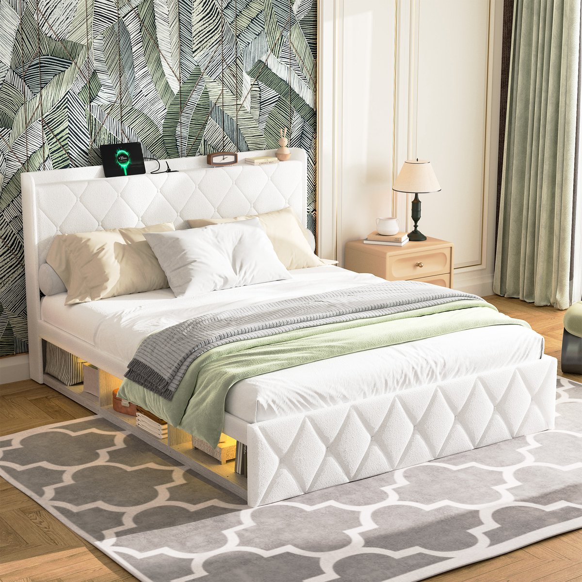 FloraGrace Gestoffeerd Bed 140x200 cm - Met USB Oplaadfunctie en LED Verlichting - Met Opbergruimte - Zonder Matras - Wit