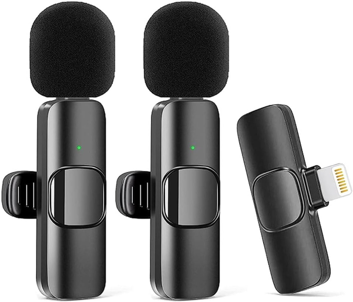 2 stuks draadloze microfoons geschikt voor iPhone iPad, clip-on revers-lavaliermicrofoon draadloos geschikt voor video-opname, pc/laptop/livestreaming/podcast/vlog/YouTube/TikTok/presentatie/vlog