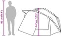 Silhouet van een man van 180cm naast een tent die 147cm hoog is, met afmetingen.
