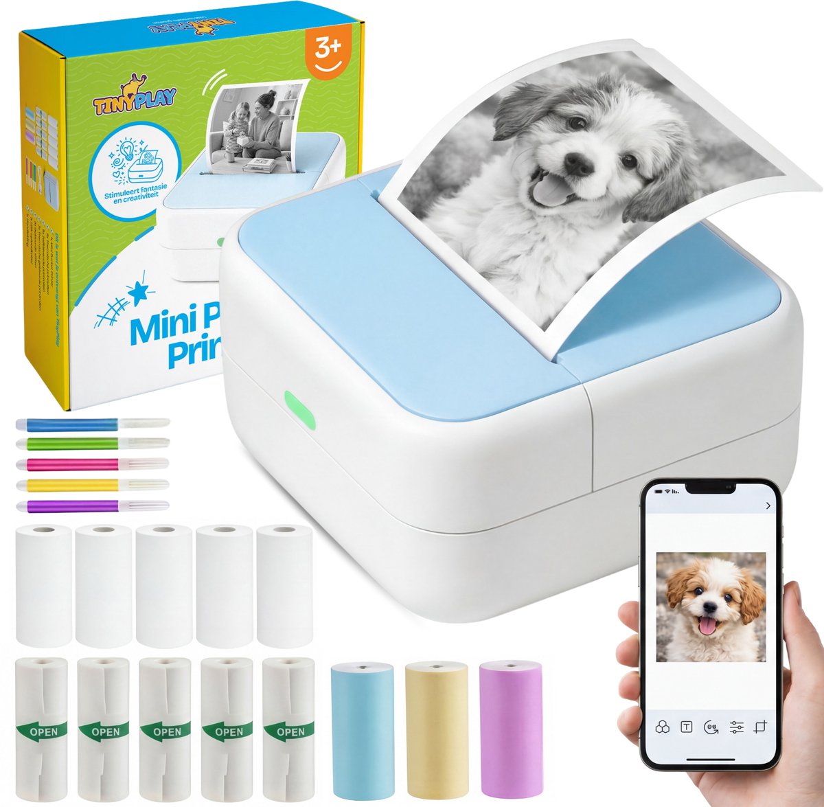 TinyPlay Mini Printer 300 DPI - Pocket Printer - 13 rollen papier in kleur, Sticker en wit - Mobiele fotoprinter - voor Smartphone - Thermische draagbare printer - Thermal miniprinter