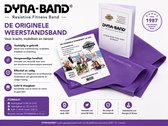Paarse weerstandsband van Dyna-Band met een brochure.