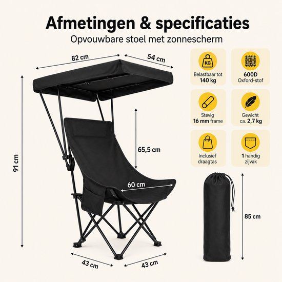 Gloovon® Campingstoel met Zonnedak - Opvouwbaar & Comfortabel - Versterkt 16mm Carbonstalen Frame - Belastbaar tot 140kg - Zwart van gloovon — afbeelding 3