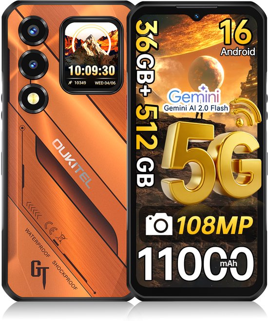 Oukitel WP66 telefoon in oranje met een dubbel scherm, 5G, 108MP camera en 11000mAh batterij.