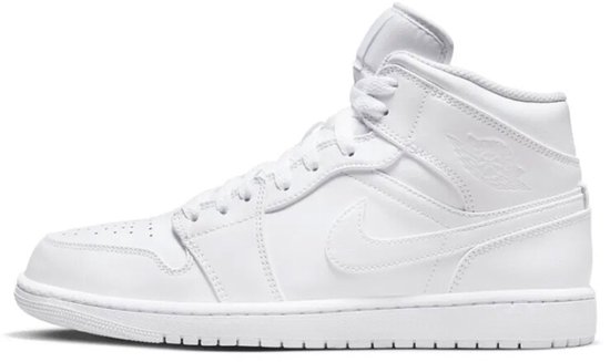 Witte Jordan 1 Mid sneaker met Nike logo en Jordan 'Wings' logo.