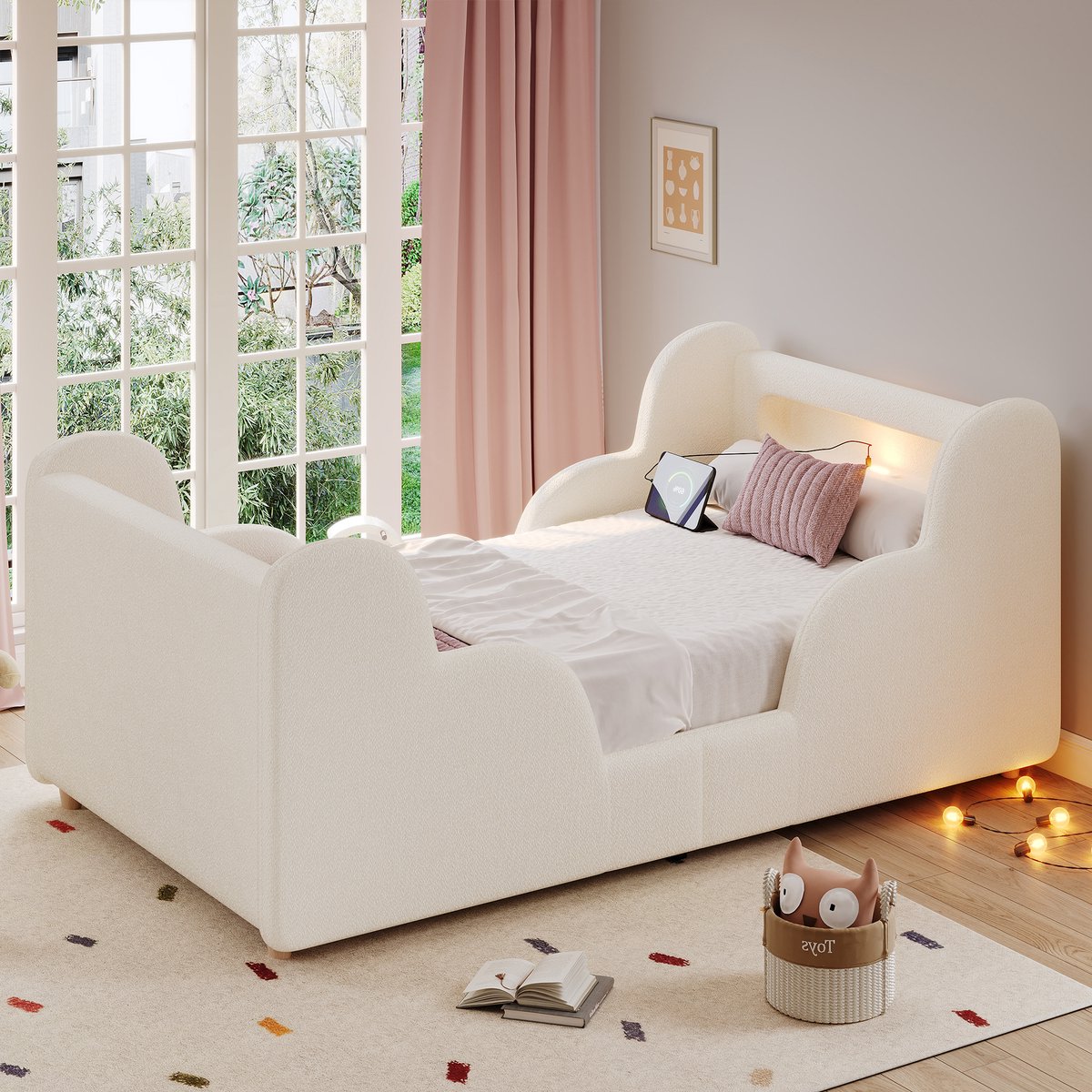 MODENUIT Kinderbed 90x200 cm – Gestoffeerd Eenpersoonsbed met Beschermrand, Nachtlampje en USB-C Aansluiting – Zonder matras – Beige