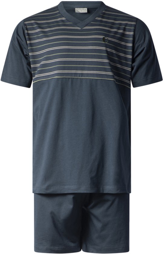 Pyjama short bleu marine avec col en V et rayures horizontales beiges, vertes et blanches sur le haut.