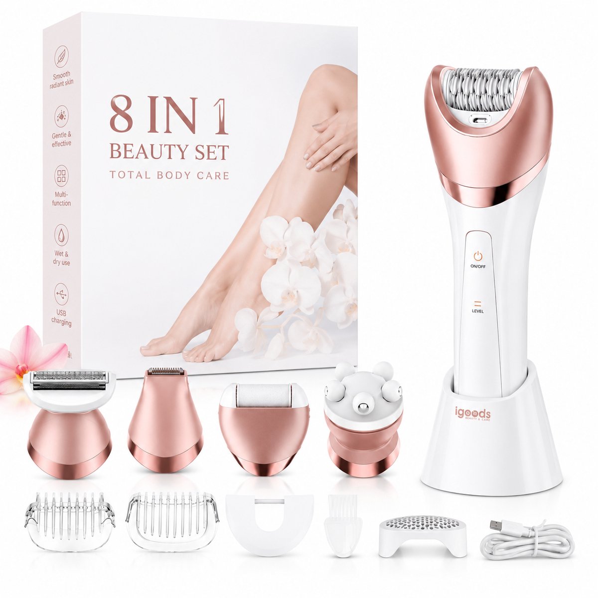 Igoods 6-in-1 Ladyshave - Scheerapparaat voor vrouwen - Dameshaarverwijderaar - Epileerapparaat Vrouwen - Trimmer - Eeltverwijderaar - Massageapparaat - Bikinitrimmer - Borstel - Oplaadbaar - Roze