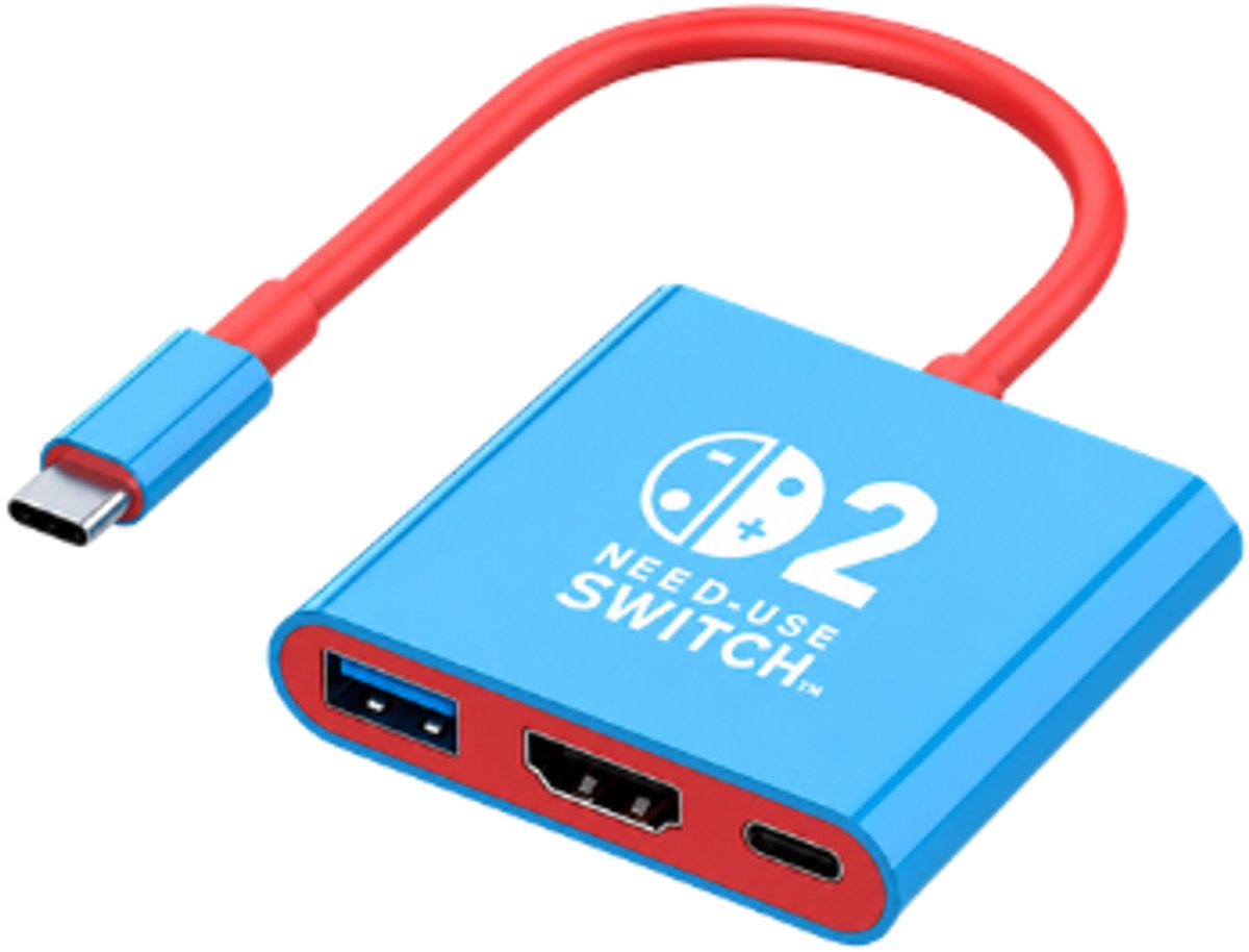 Docking station geschikt voor Nintendo Switch 2/ Switch/ Switch OLED – USB-C hub met HDMI & USB 3.0 – Rood/blauw