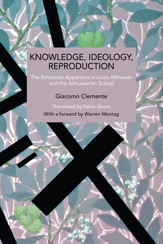 Boek met de titel KNOWLEDGE, IDEOLOGY, REPRODUCTION, door Giacomo Clemente. Achtergrond met bladeren en fruit.