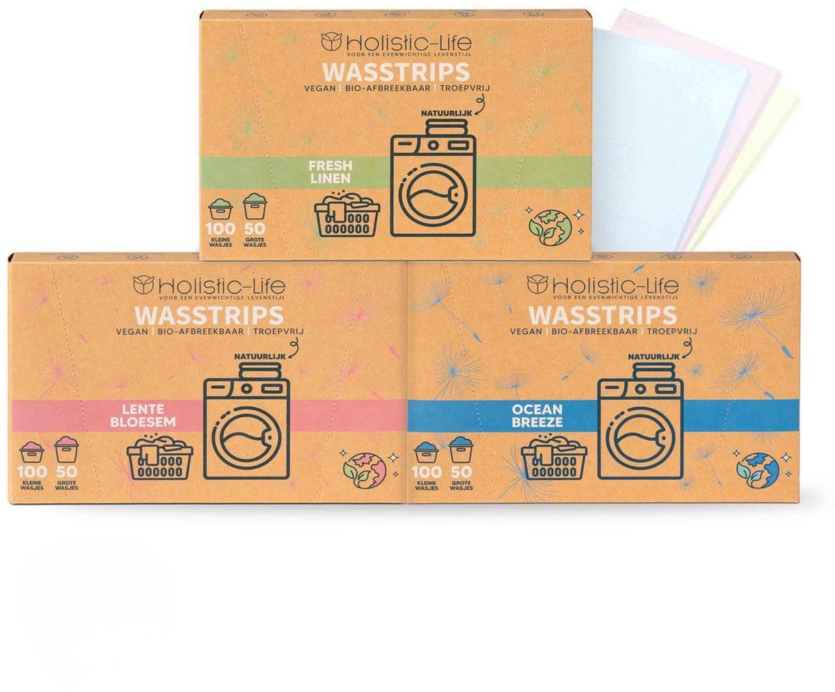 Wasstrips Proefpakket - Fresh Linen - Lentebloesem - Ocean Breeze - 3x100 Wasbeurten Incl. Wasverzachter – Wasmiddeldoekjes Wasdoekjes – Detergent sheets - Vegan