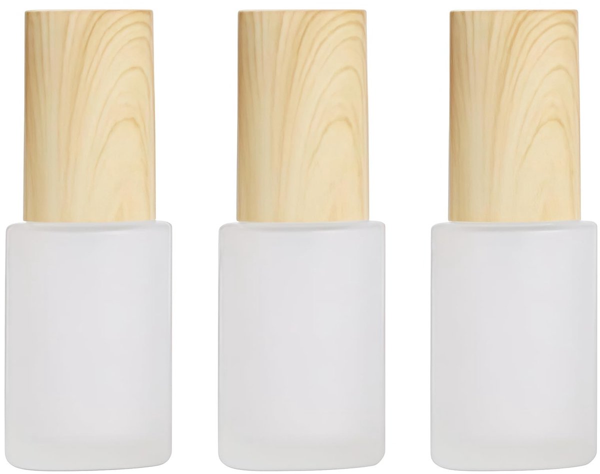 Cosensi- Zeepdispenser Set 3 Stuks - 30ML/60ML Capaciteit - Transparant Frosted Glas - Houten Look Deksel - Herbruikbaar - Lekvrij - Lotionfles