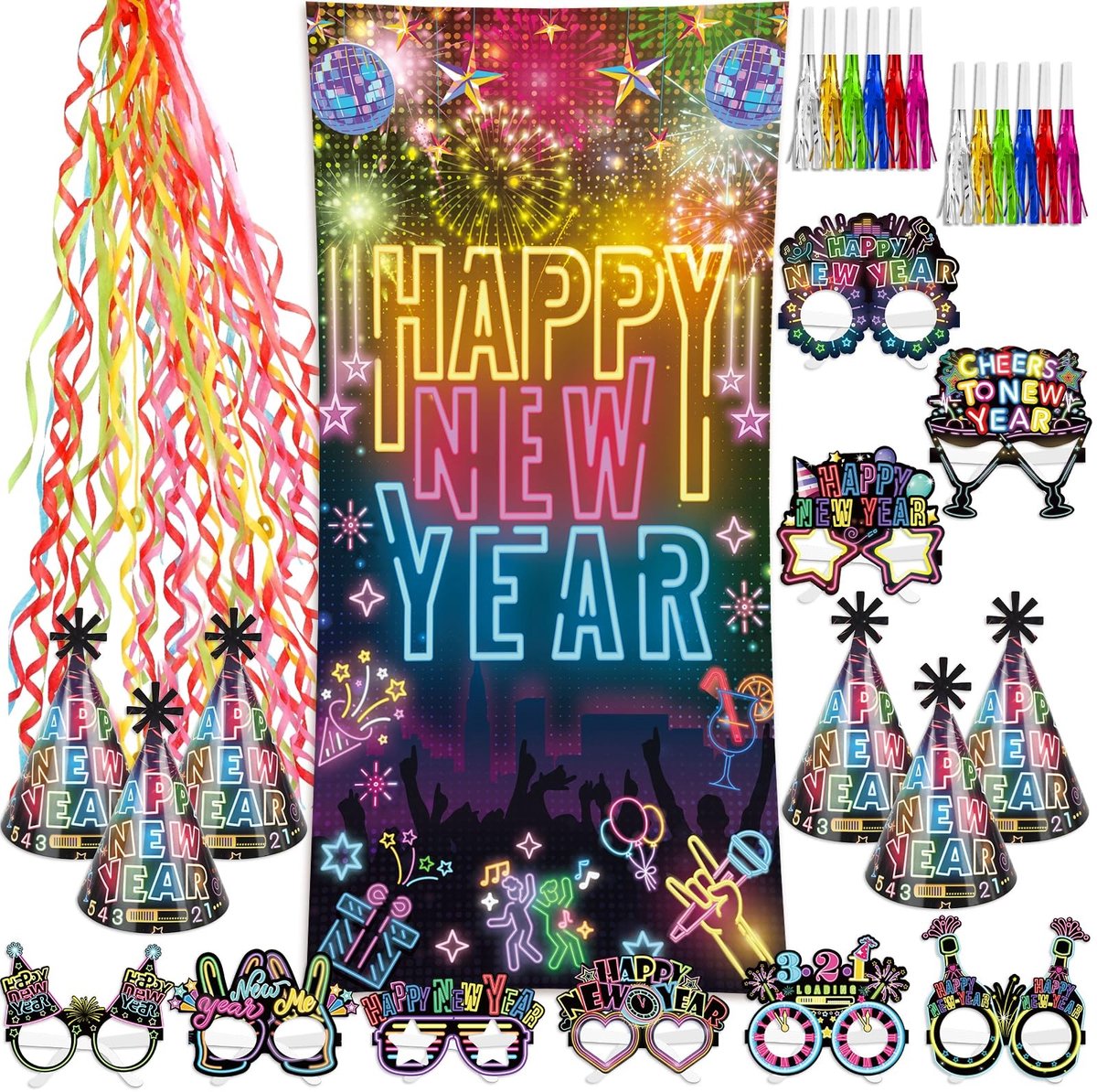 Dailygoods- Decoratieset Neon 2025 - Achtergrond Banner - Feesthoeden - Bril - Streamers - Kleurrijke Accessoires - Gelukkige Sfeer - Feestdecoratie