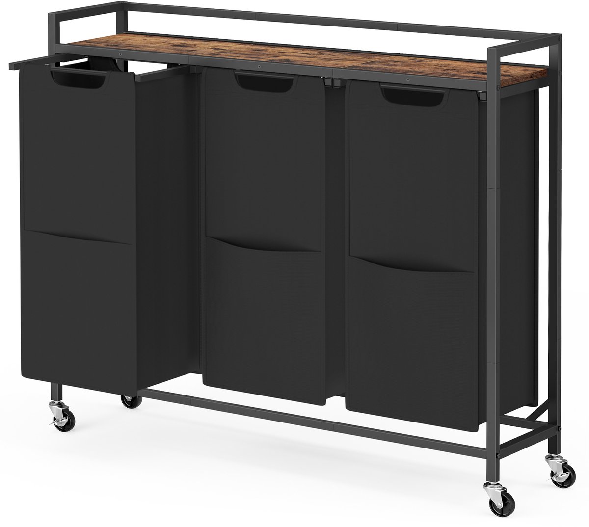VASAGLE - Wasmand - Wassorteerder - 3 Vakken - Verrijdbare - Afneembare Tassen en Plank - 165 L