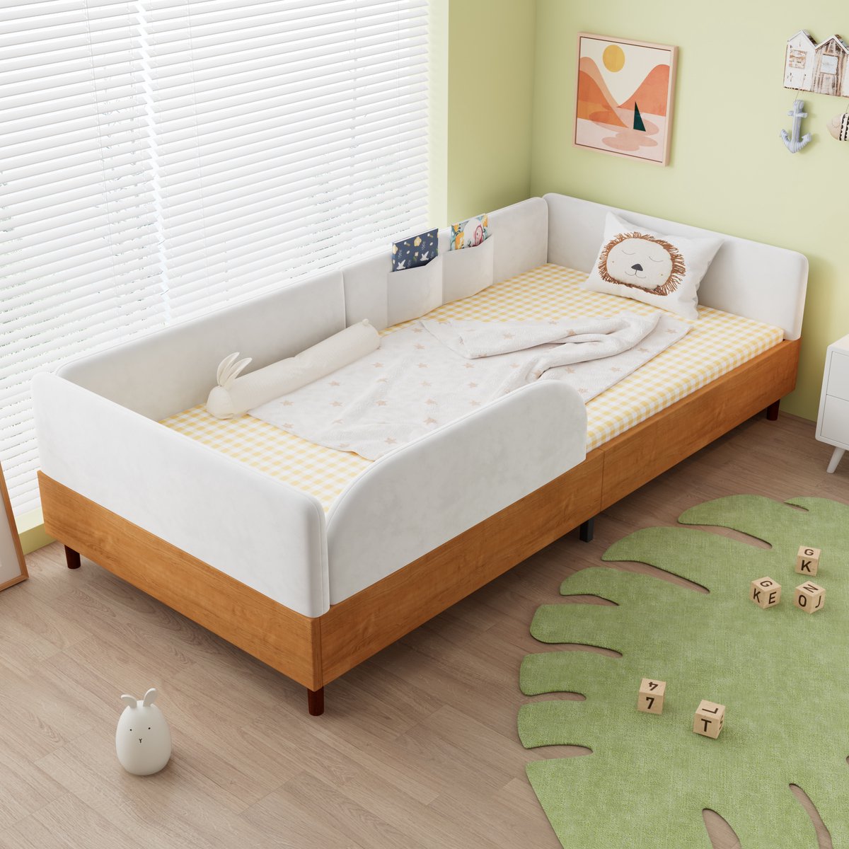 STILVORA Kinderbed 90x200 cm – Gestoffeerd Bed Met 2 Opbergvakken – Omrand Veiligheidsontwerp – Zonder Matras – Fluweel Houtlook – Wit Naturel