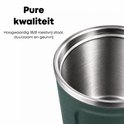 Binnenzijde van een donkergroene beker van glanzend 18/8 roestvrij staal. "Pure kwaliteit".