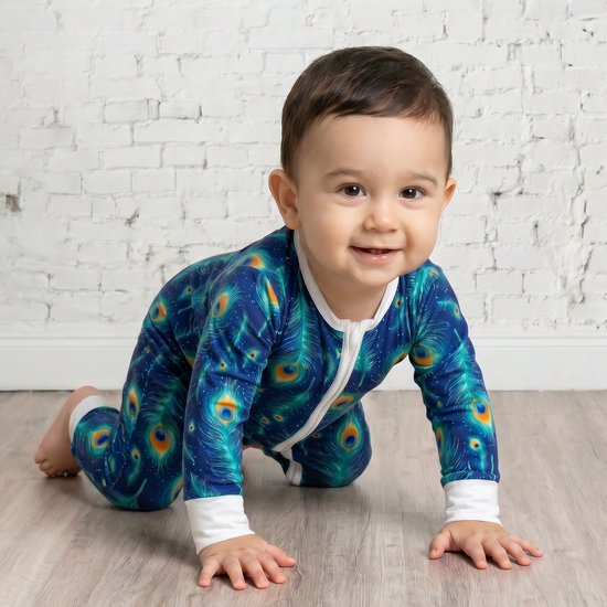 Bamboe Baby Boxpakje 68/74 - Tweewegritssluiting en Ingebouwde Wantjes & Sokjes - Blauw met Pauwenveren - Kraamcadeau - Jongens en Meisjes Romper