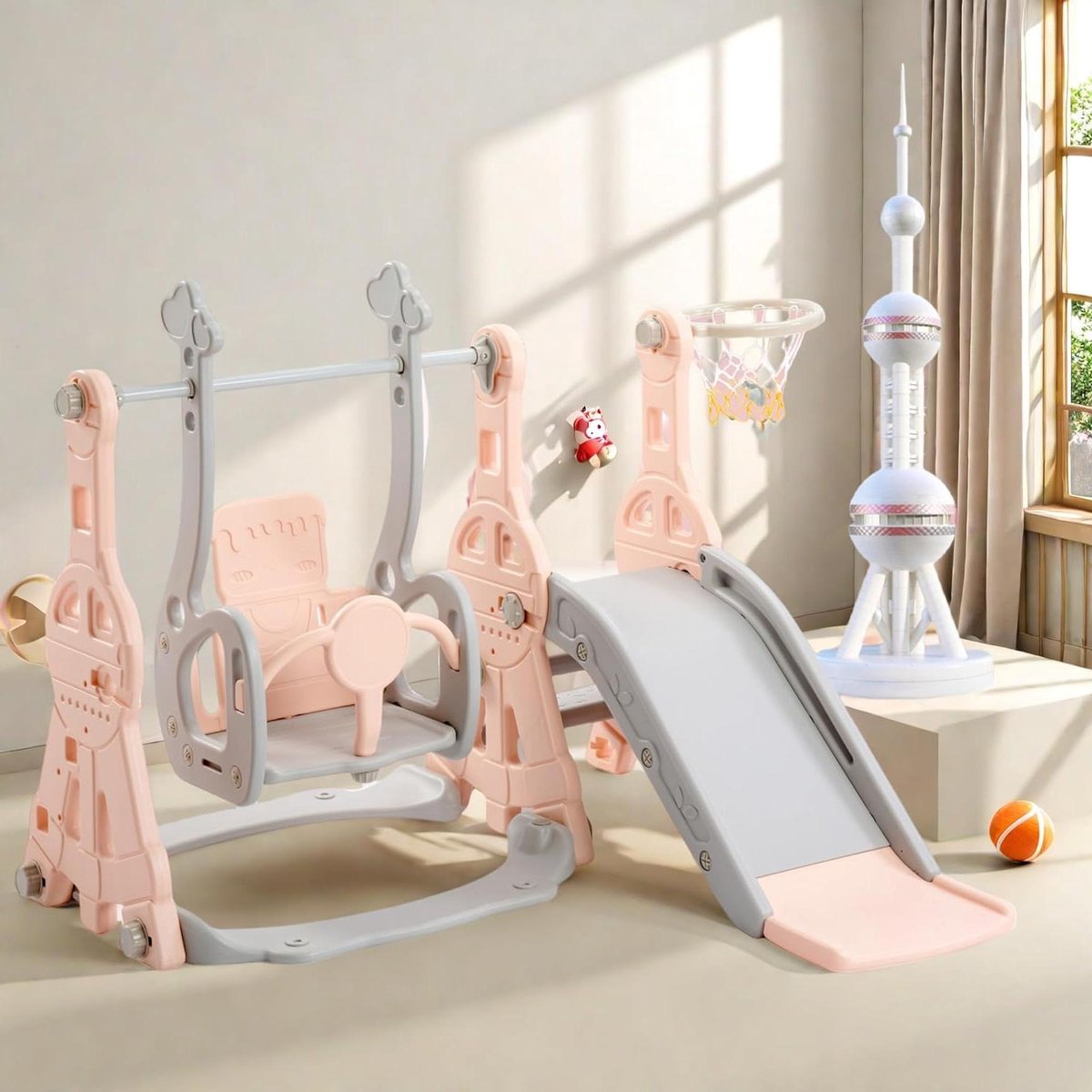 Kinder Speeltoestel - Binnen Buiten - Actief Spelen - 4-in-1 Functies - 140 x 118 x 102 cm - Roze