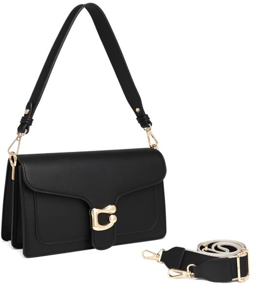 Maison Elara Damesschoudertas van PU-leer met 2 afneembare riemen, crossbodytas, handtas, avondtas, Zwart