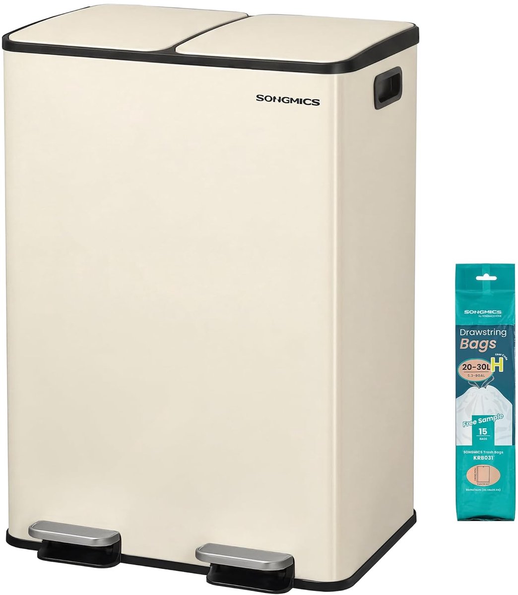 SONGMICS vuilnisbak keuken, 2 x 30 liter, 2 compartimenten, vuilnisbak, tapafvalbak, keukenafvalbak met softclose deksel en binnenemmer, staal, inclusief 15 vuilniszakken, crèmekleur LTB741AZ02