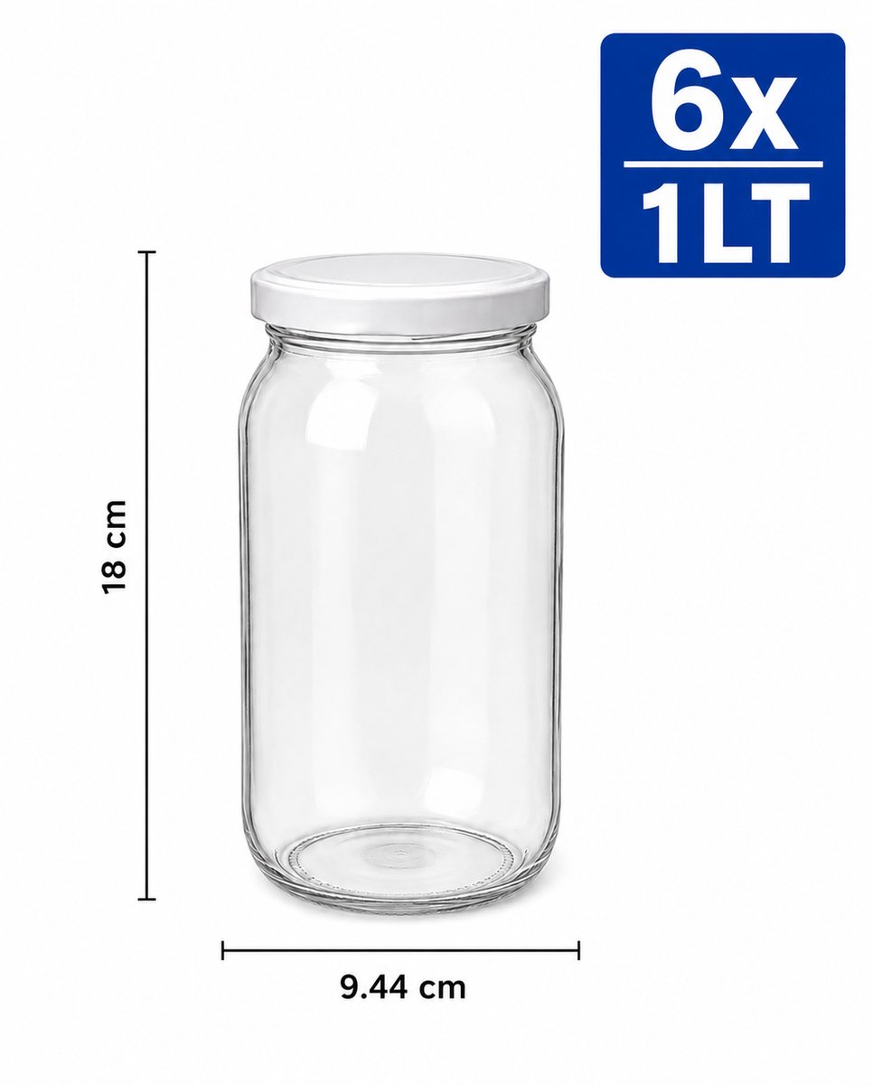 6-Pack 1L Glass Storage Jars with White Lids – Airtight Food Storage Containers – Glass Mason Jars for Preserving, Canning & Pantry Storage