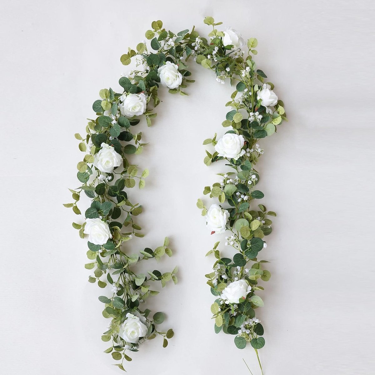 kunstplant - Kunstplanten - Witte Eucalyptus Krans 180cm - Hangplant Groen Kunstplanten - Kamer Decoratie - 1 Stuks - Nepplanten Kunst plant - Kunstbloemen - Kunst Eucalyptus met Witte Rozen Slinger Bruiloft Thuisfeest Tafeldecoratie