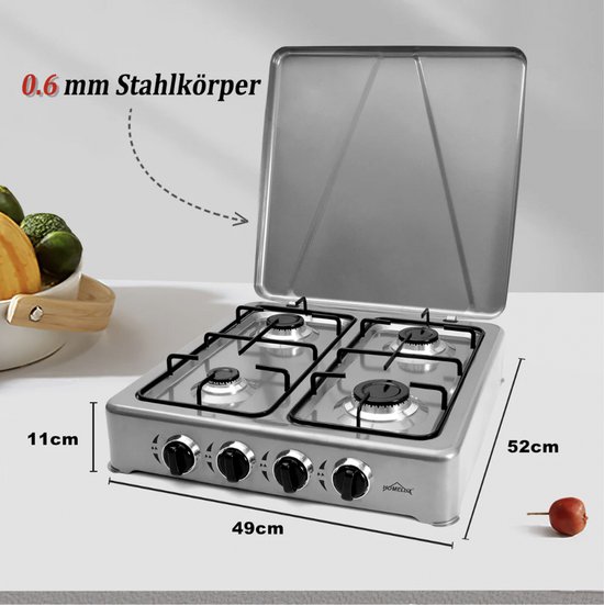 HOMELUX 6,2 kW gasfornuis - 4 branders verschillende maten - Campingkookplaat met deksel - Met slang en 50mbar drukregelaar - Gasfornuis voor buiten - Grijs — afbeelding 5