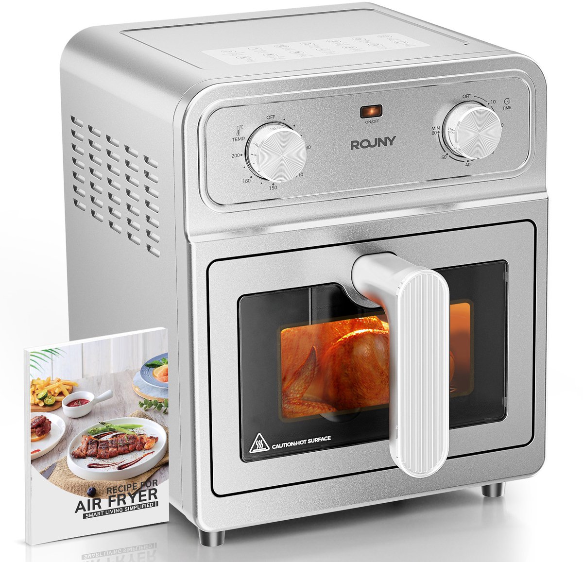 Airfryer Oven 6L-Roestvrijstalen Binnenruimte-Kijkvenster-Mechanische Knoppen-1700W-80-200℃-Met Bakrek-Zilver