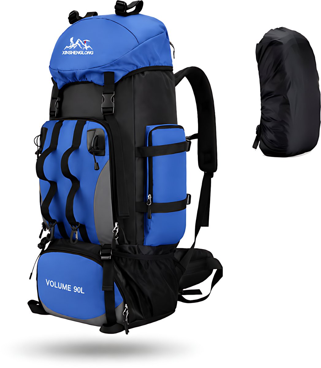 CarryQuest® 90L Hiking Backpack - Waterdichte Trekking Rugzak met Regenhoes, Heupgordel & Rugventilatie - Blauw