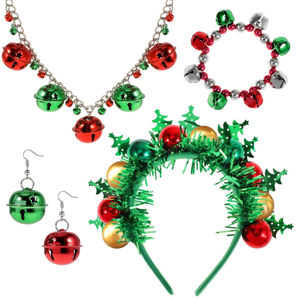 ZEYNOMAX- Kerstkostuum Jingle Bell - Hoofdband - Ketting - Armband - Oorbellen - Geschikt voor volwassenen/kinderen - Kerstoutfit