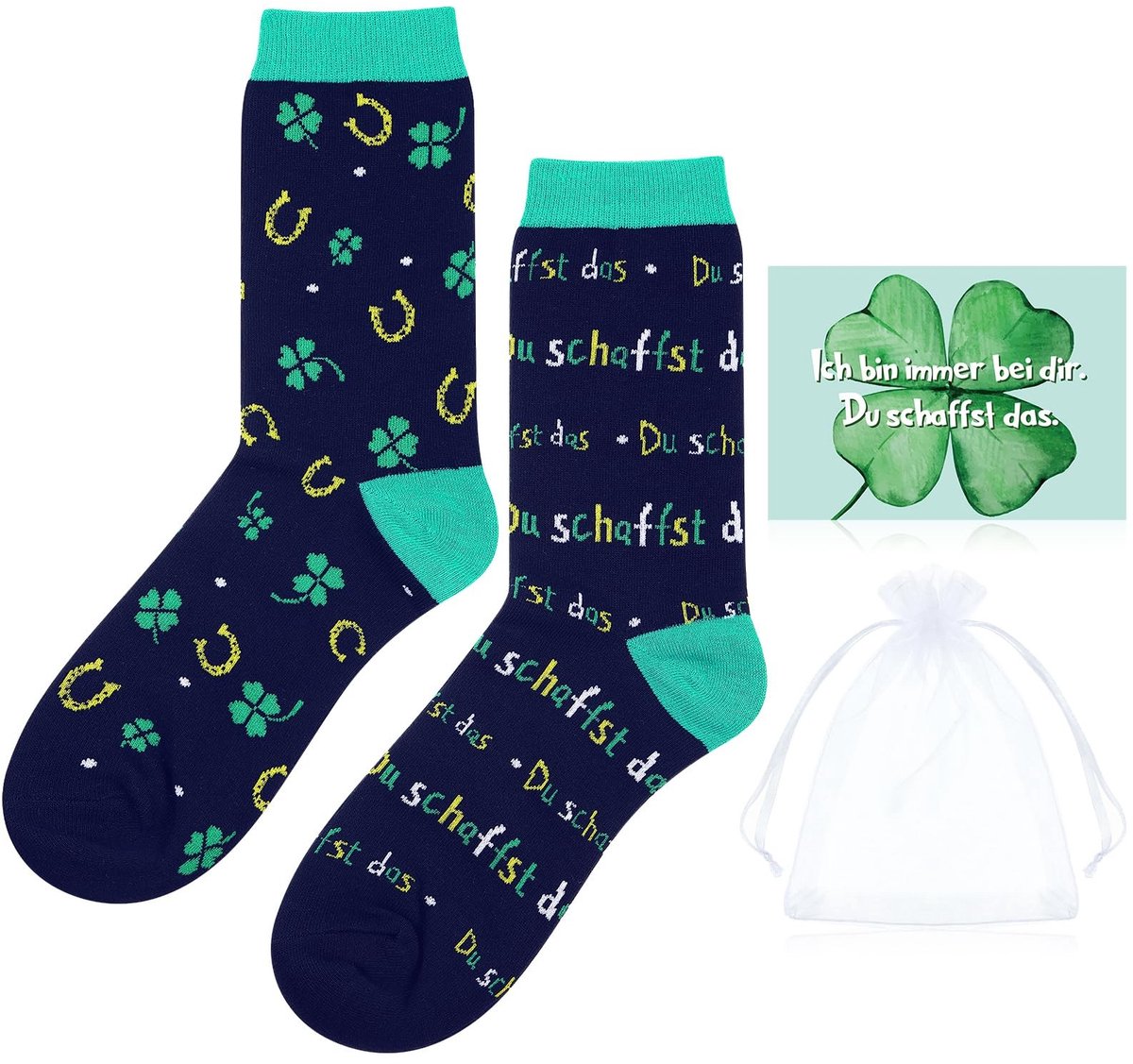 JHUBERS- Cadeauset Geluk - Grappige Sokken - Klavertje Vier Postkaart - Organza Zakje - Uniek Design - Eén Maat - Gelukscadeau