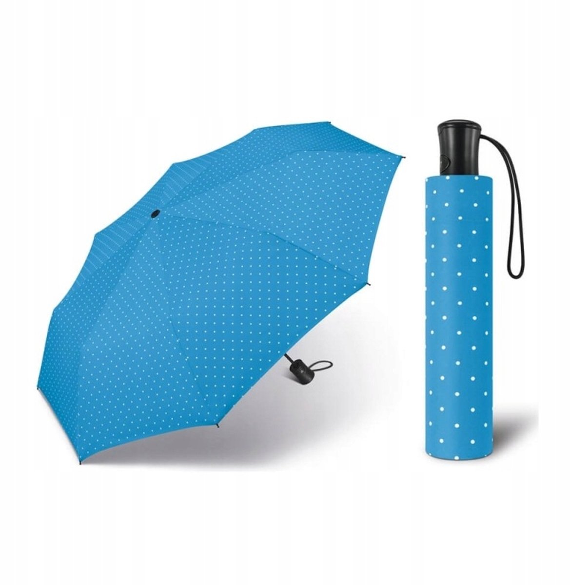 Happy Rain Automatische Paraplu Blauw met Stippen & Hoesje