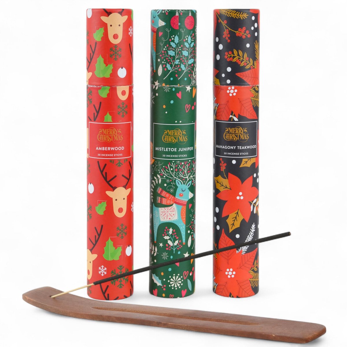 BRENZOOS- Wierookstokjes Kerstset - 3 Geuren: Amberwood/Mistletoe Juniper/Mahogany Teakwood - Inclusief Houten Houder - 90 Stuks - Feestelijke Geschenkverpakking - Geurstokjes
